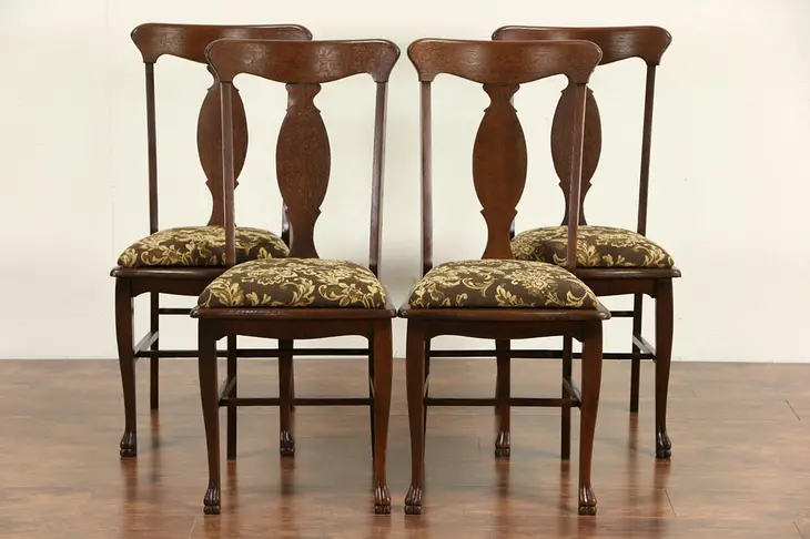 Set of 4 Oak 1900 Antique Dining or Game Table Chairs, New Upholstery