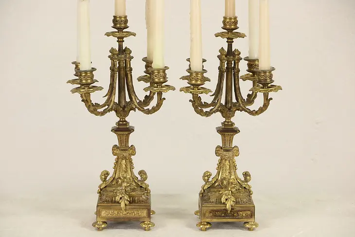 Pair of French Gilt Bronze 5 Candle 1860's Antique Candelabra