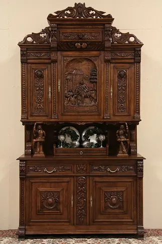 French Carved Oak Jester Antique Court Cupboard