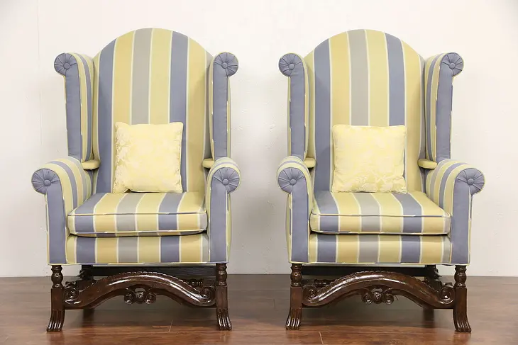 Pair Vintage English Tudor Vintage Wing Chairs