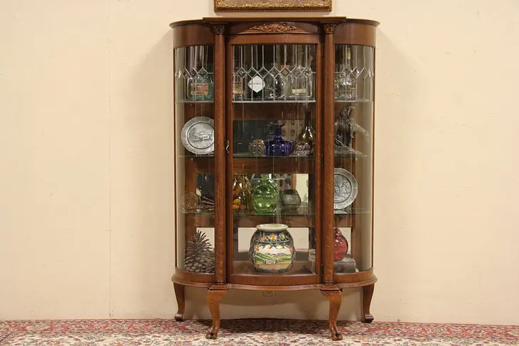 Curved & Leaded Glass 1900 Antique Oak Curio Display Cabinet