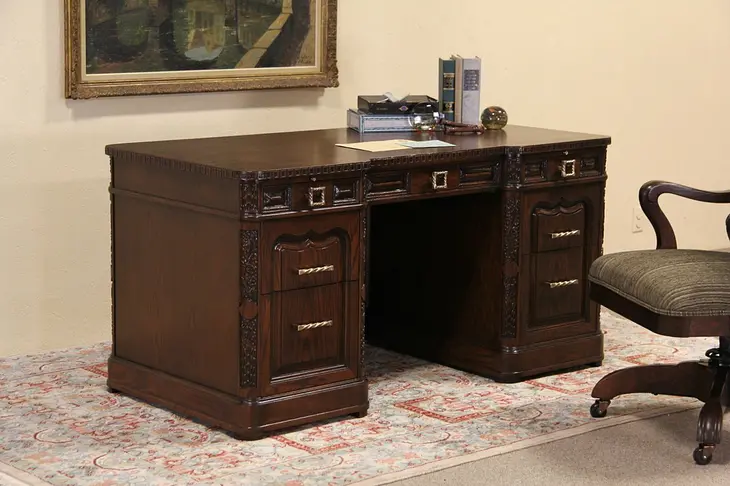 Oak Carved Vintage Executive Desk, 2 File Drawers