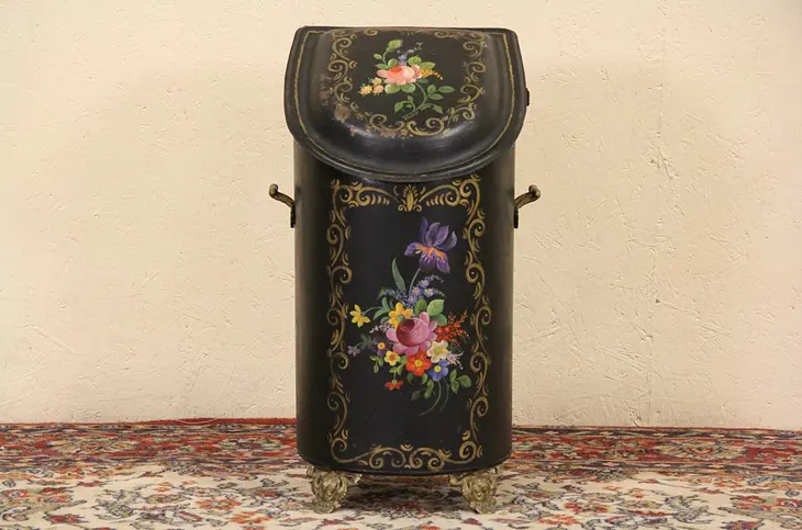 Fireplace Hand Painted Antique Coal Caddy or Hod, Signed Jewett Pat. 1872