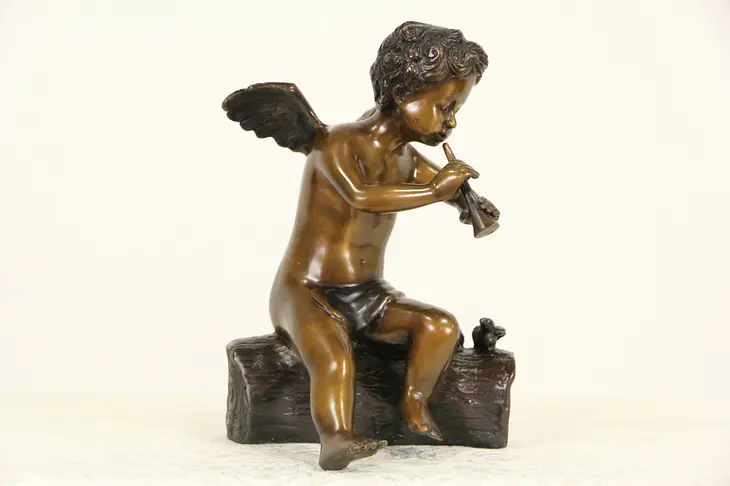 Bronze Statue Vintage Sculpture of Angel with Flute & Birds