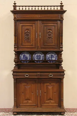 Oak Carved 1885 Antique  French China or Dowry Cabinet