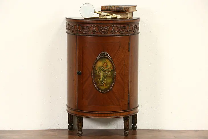 Demilune Half Round 1920's Antique Carved & Banded Console Cabinet