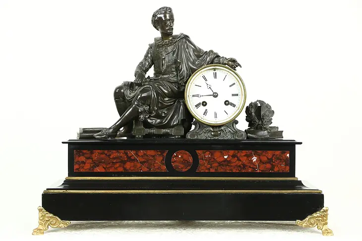 Shakespeare Bronze Sculpture Antique French Marble Signed Mantel Clock