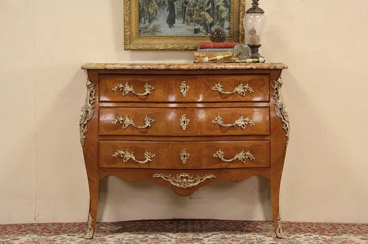 French Marble Top 1920's Marquetry Bombe Chest or Commode