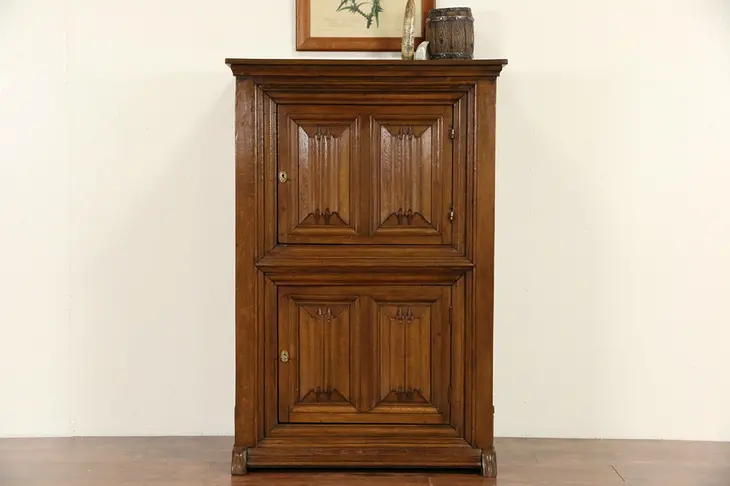 Dutch Carved Oak late 1800's Antique Cabinet, Linen Fold Panels