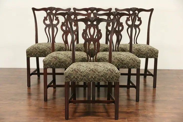 Set of 6  Georgian Chippendale 1940's Vintage Dining Chairs, New Upholstery