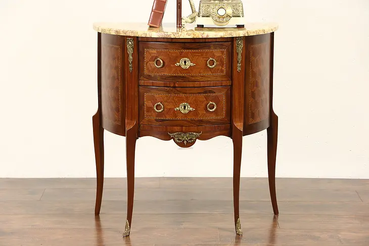 French 1920's Antique Marble Top Demilune Console, Nightstand, Inlaid Marquetry