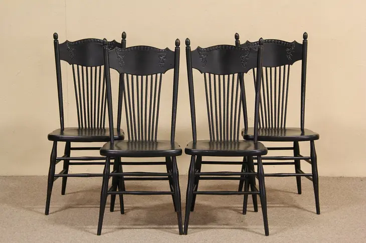 Set of 4 Carved Black Antique 1900 Dining or Game Table Chairs