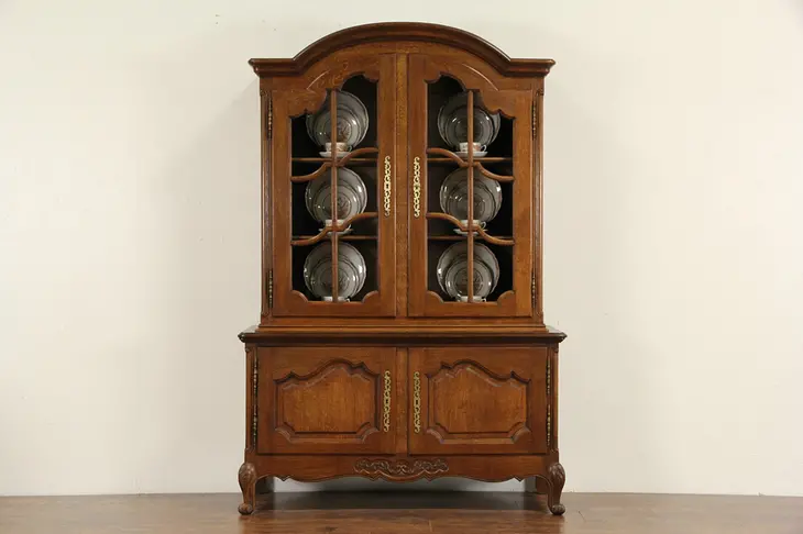Country French Carved Oak 1920's China Cabinet or Bookcase