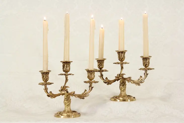 Pair French Candelabra late 1800's Antique Bronze Triple Candleholders