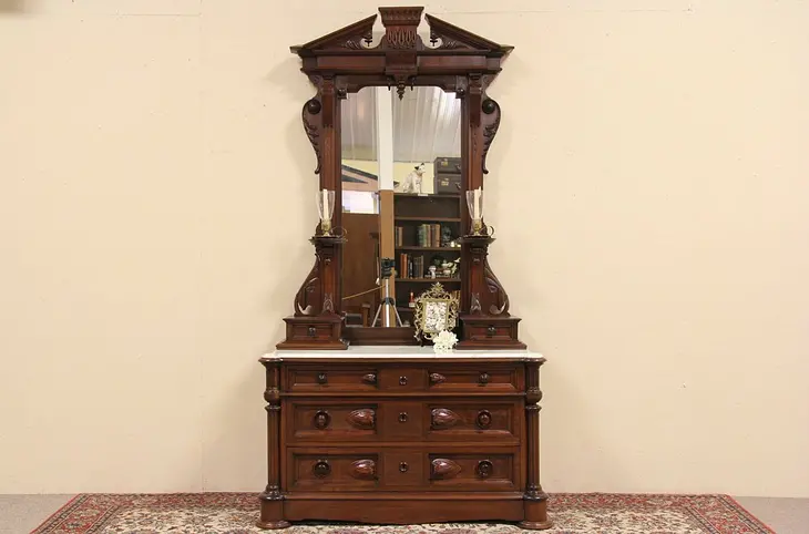 Victorian 8' Dresser or Chest, Marble Top, Secret Drawer