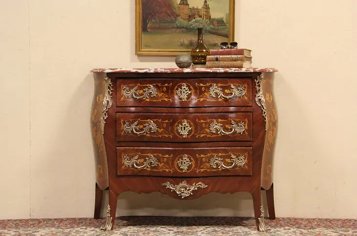 Rosewood Marquetry Marble Top Bombe 3 Drawer Chest