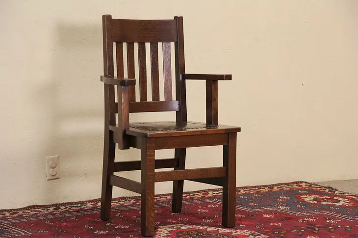 Arts & Crafts Mission Oak 1905 Leather Chair, Arms