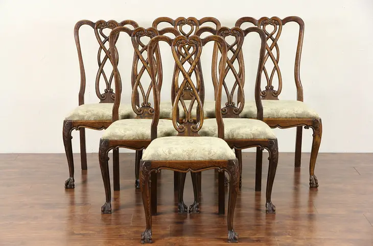 Country Manor Oak 1915 Antique Scandinavian Set of 6 Carved Dining Chairs