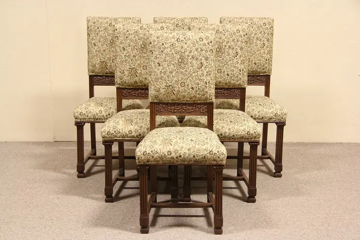 Six Italian Carved 1900 Antique Dining Chairs Tapestry