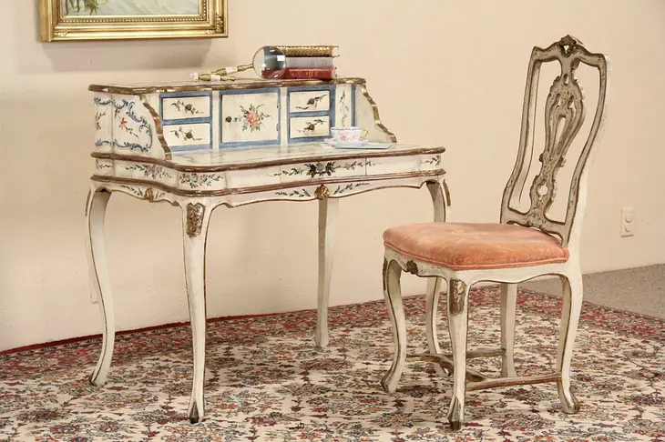 Italian Venice Hand Carved Painted Vintage Desk & Chair Set
