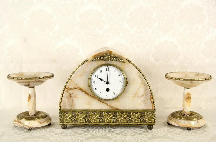 French Art Deco 1920's Antique Marble & Bronze 3 Pc. Clock Set, Tazzas