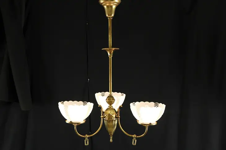 Victorian 1890's Antique 3 Light Gas Chandelier, Electrified Shades