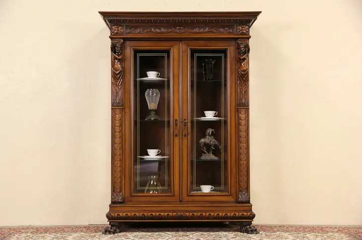 Italian China Curio Cabinet or Bookcase Carved Figures, 1915 Antique