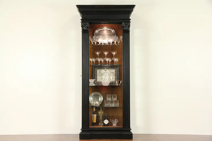 Signed Distressed Black Curio Display Cabinet, Beveled Glass
