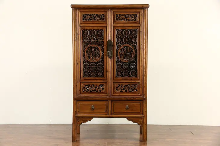 Chinese Antique 1900 Carved Dowry Cabinet