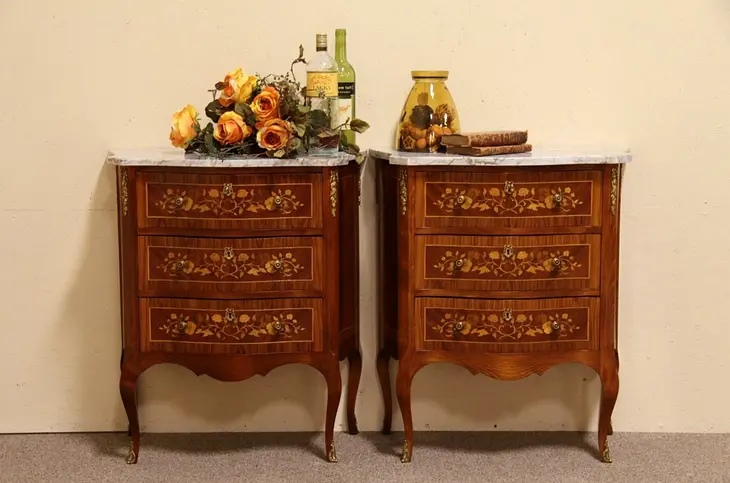 Pair of Marble Top Marquetry Chests or Nightstands