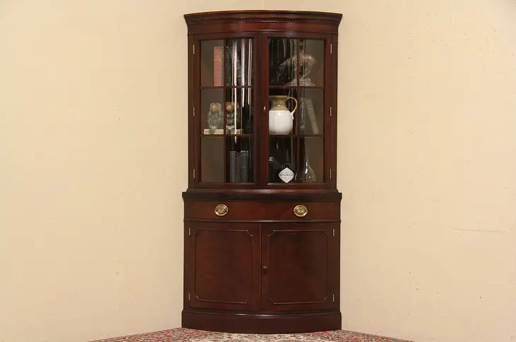 Drexel Travis Court Vintage Corner Cabinet, Curved Glass