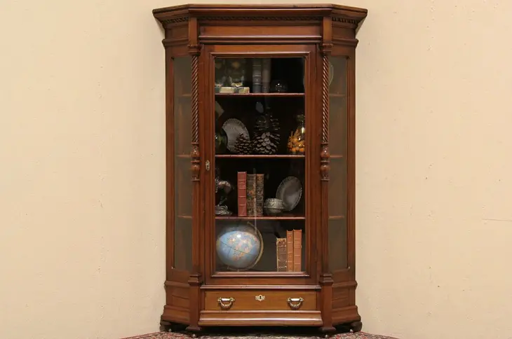 Victorian 1875 Antique Carved Mahogany Corner Cabinet