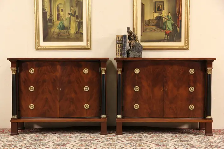 Pair Classical Vintage Console Cabinets or Nightstands, Black Columns