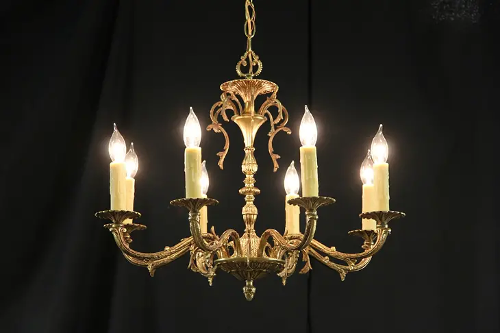 Chandelier with 8 Beeswax Candles, Vintage Gold Plated Brass