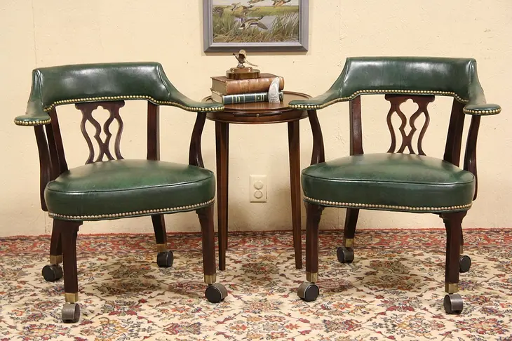 Pair of Hickory Chair Vintage Leather Rolling Game Table Armchairs