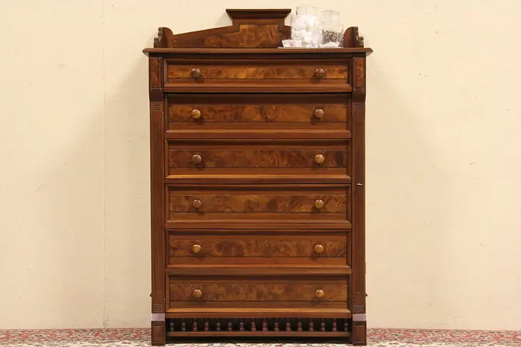 Victorian Walnut 1870 Antique Sidelock Tall Chest or Dresser