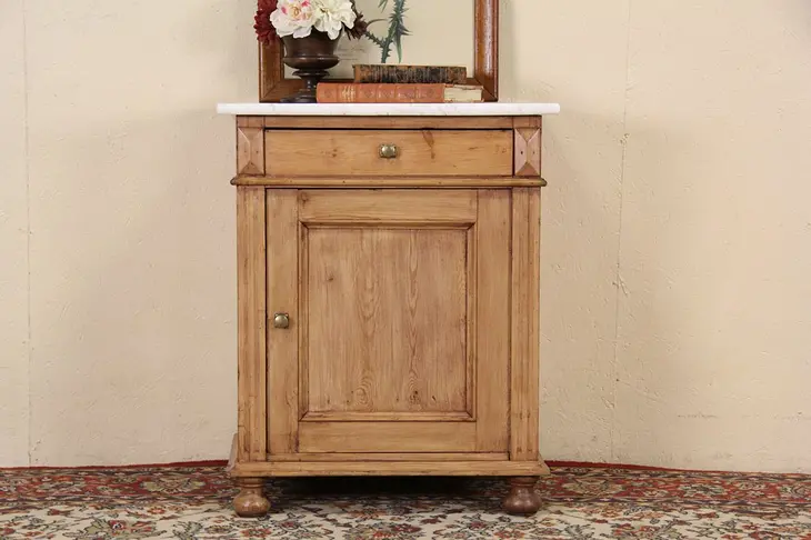 Country Pine 1890 Antique Marble Top Washstand, End Table or Nightstand