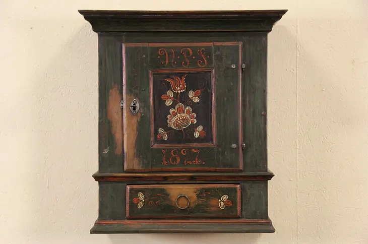 Swedish 1827 Dated Hand Painted Antique Hanging Cupboard or Medicine Chest