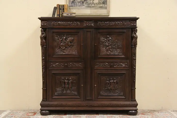 Carved Oak Cabinet, Knights and Scenic Panels