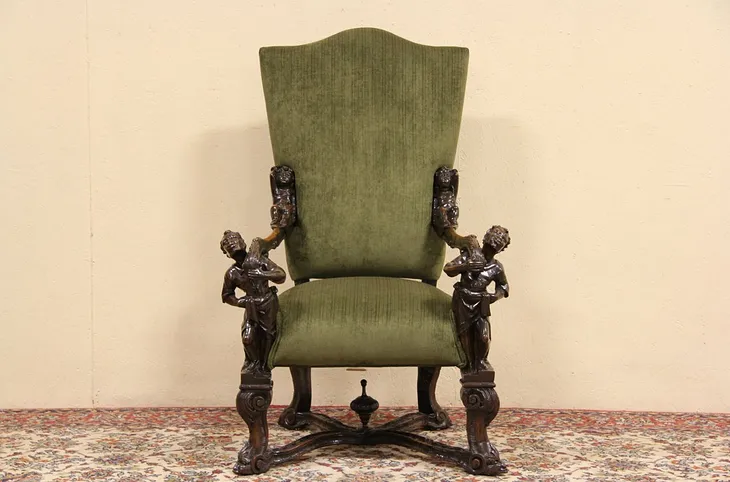 Blackamoor 1900 Italian Antique Throne Chair, Carved Cherubs