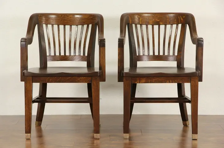 Pair of Oak 1910 Antique Banker Chairs