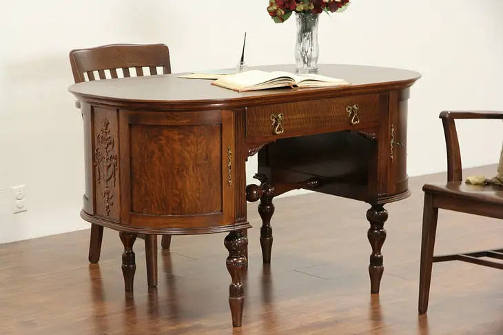 Oval Oak Partner Desk, 1900, Antique