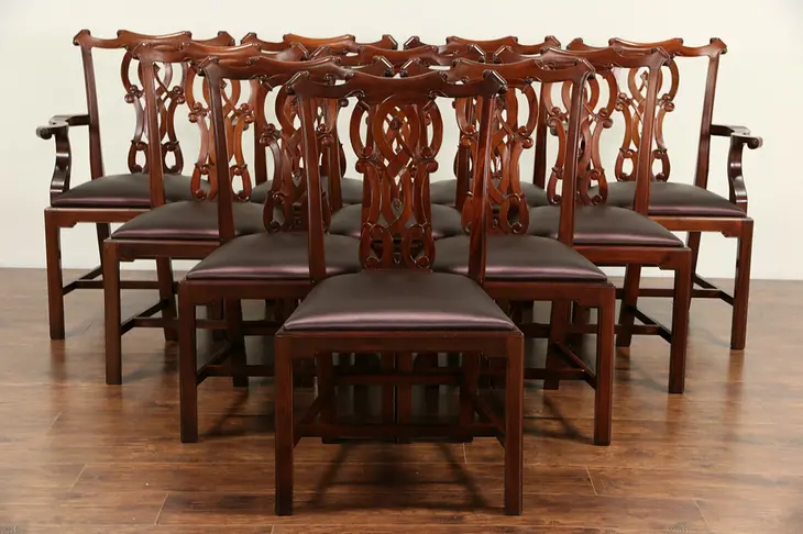 Set of 10 Georgian Design Vintage Carved Mahogany Dining Chairs