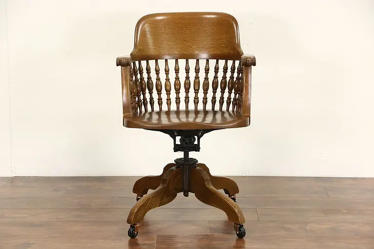 Oak Swivel Adjustable 1900 Antique Desk Chair, Signed Johnson Chicago