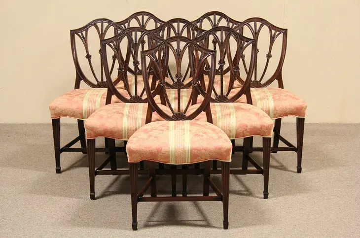 Set of 8 Hepplewhite Vintage Carved Mahogany Dining Chairs
