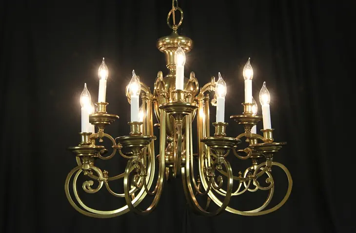 Chandelier, Vintage Aged Brass with 12 Candles