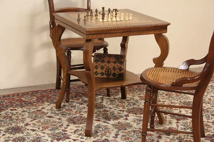 Oak 1900 Antique Chess or Checker Board Inlaid Game Table