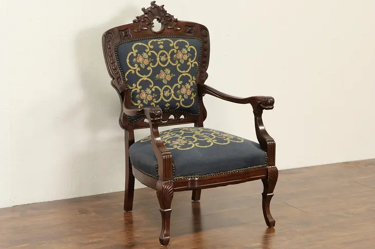 Carved Mahogany 1910 Antique Needlepoint & Petit Point Chair