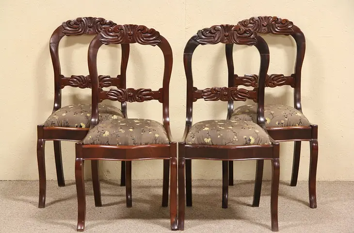 Set of 4 Carved Mahogany 1840 Dining or Game Chairs