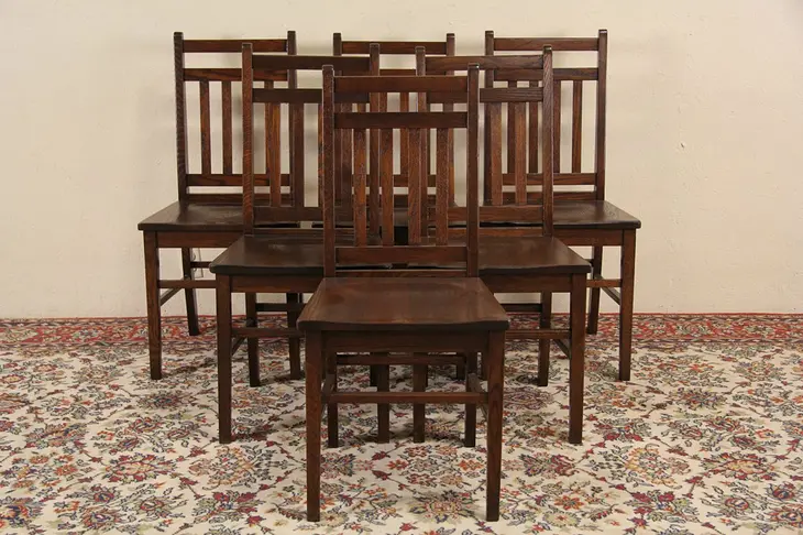 Set of 6 Arts & Crafts 1910 Antique Oak Dining Chairs